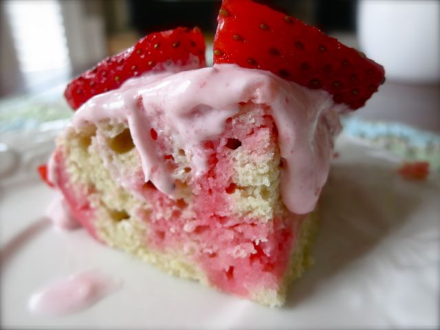 This strawberry jello poke cake is gluten-free. It is delicioius and so pretty. This easy-to-make summertime recipe is a light and guilt-free desert. #WomenLivingWell #glutenfree #allergyfriendly #dessert
